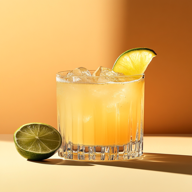 A photo of the Gin Zing Twist cocktail containing Fresh root ginger (thumbnail sized), Beefeater London Dry Gin, Freshly squeezed orange juice, Freshly squeezed lime juice in a Old-Fashioned.