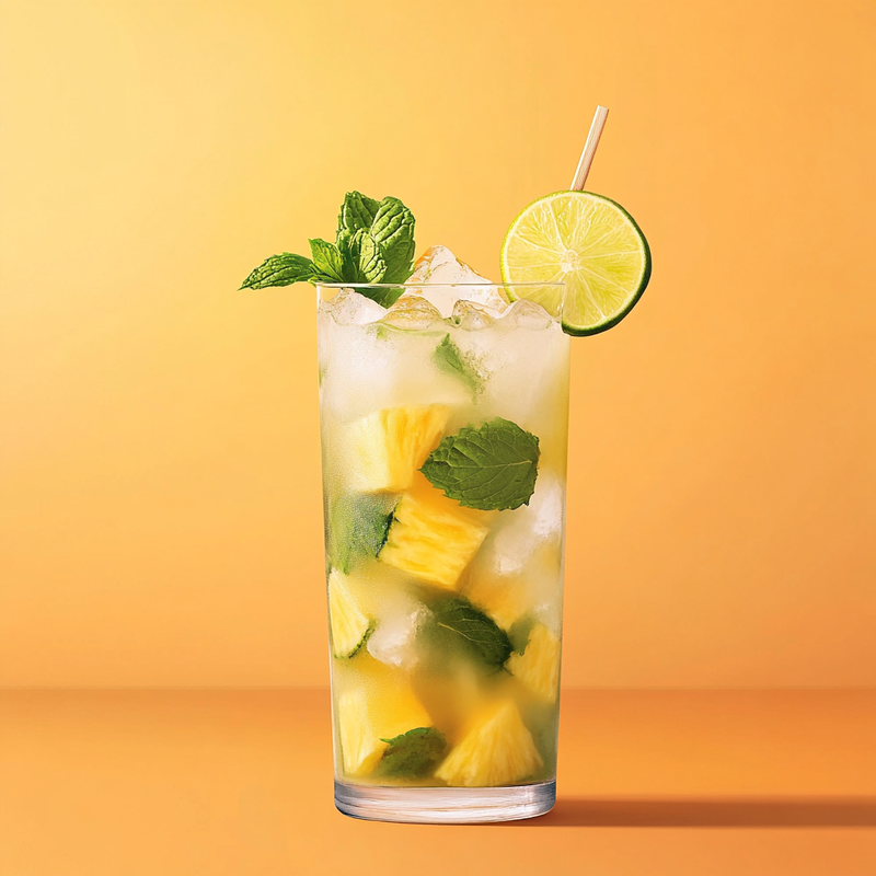 A photo of the Pineapple Samba Mojito cocktail containing Fresh lime (chopped wedges), Caster sugar, Pineapple (fresh), Mint leaves, Novo Fogo Chameleon Cachaça in a Highball.