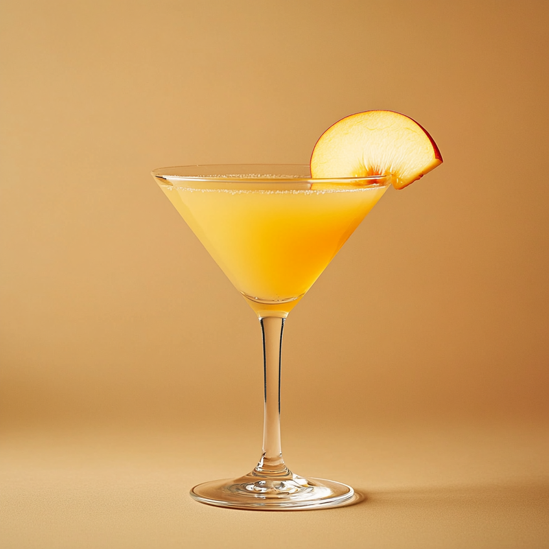 A photo of the Dutch Blossom Martini cocktail containing Bols Genever, St-Germain Elderflower Liqueur, Rothman & Winter Orchard Peach Liqueur, Pressed apple juice in a Martini.