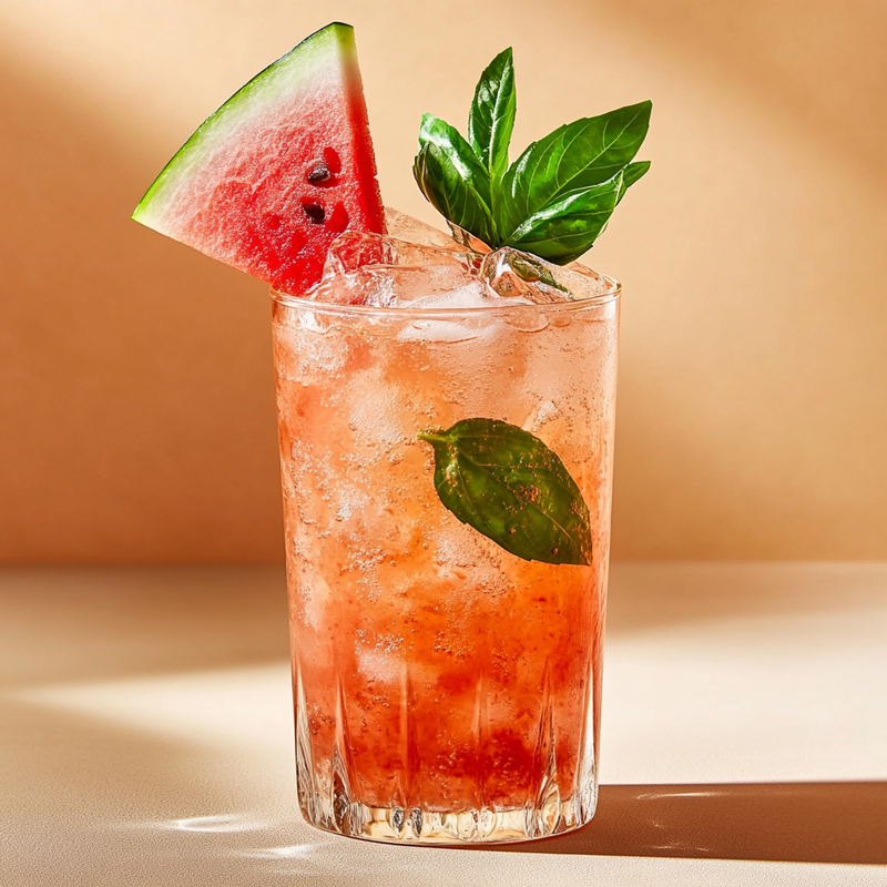 A photo of the Watermelon Basil Fiesta cocktail containing Fresh watermelon, Basil leaves, Milagro Reposado Tequila, Pallini Limoncello, Ginger ale in a Collins.
