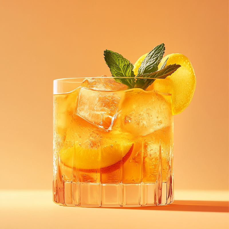 A photo of the Gentian Sunshine cocktail containing Suze Aperitif, Tempus Fugit Kina L'Aero d'Or, Rothman & Winter Orchard Peach Liqueur, Freshly squeezed lemon juice, Freshly squeezed orange juice, Peychaud's Bitters in a Old-Fashioned.