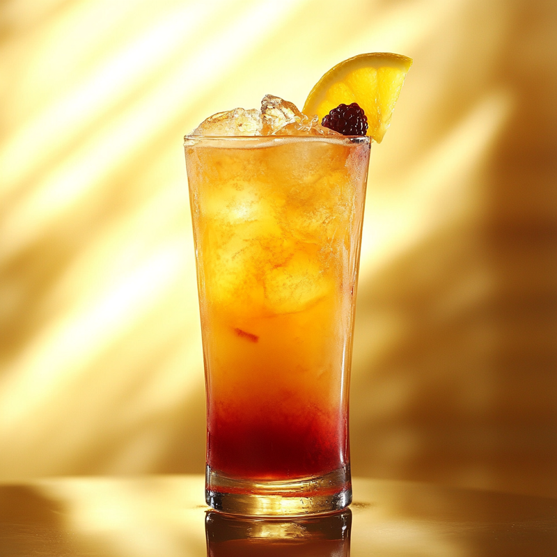 A photo of the Citrus Orchard Cooler cocktail containing Rothman & Winter Orchard Peach Liqueur, Mandarine Napoleon Liqueur, Chambord Liqueur, Freshly squeezed lemon juice, Pressed apple juice in a Collins.