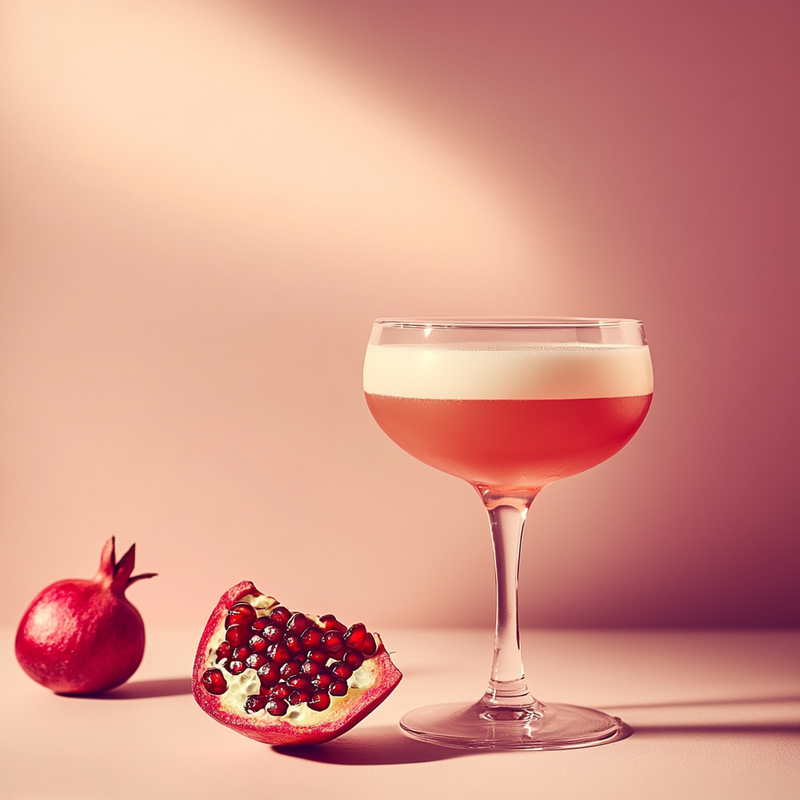 A photo of the Pom Blossom Fizz cocktail containing Planteray 3 Stars White Rum, Freshly squeezed lemon juice, Pomegranate juice, Giffard Orgeat Syrup, Fee Brothers Fee Foam Egg White Alternative in a Flute.