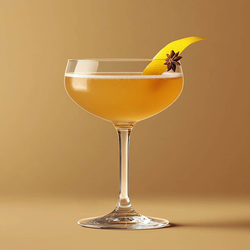 A photo of the 75 Cocktail cocktail containing Roger Groult 3 Year Reserve Pays D'Auge Calvados, Beefeater London Dry Gin, Liber & Co. Real Grenadine, Pernod Absinthe in a Coupe.