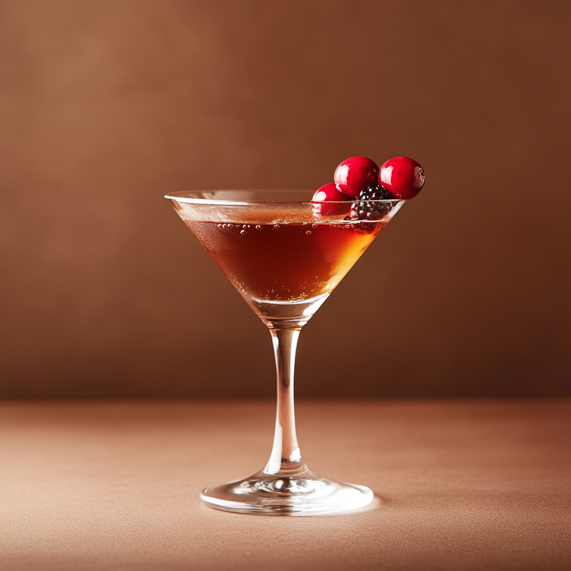 A photo of the Bourbon Berry Blitz cocktail containing Savage & Cooke Cask Finished Bourbon, Giffard Triple Sec, Chambord Liqueur, Cranberry juice in a Martini.