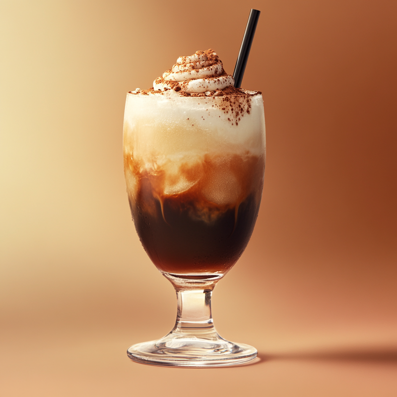 A photo of the Velvet Blizzard cocktail containing Ketel One Vodka, Bailey's Irish Cream, Mr Black Cold Brew Coffee Liqueur, Vanilla ice-cream in a Hurricane.
