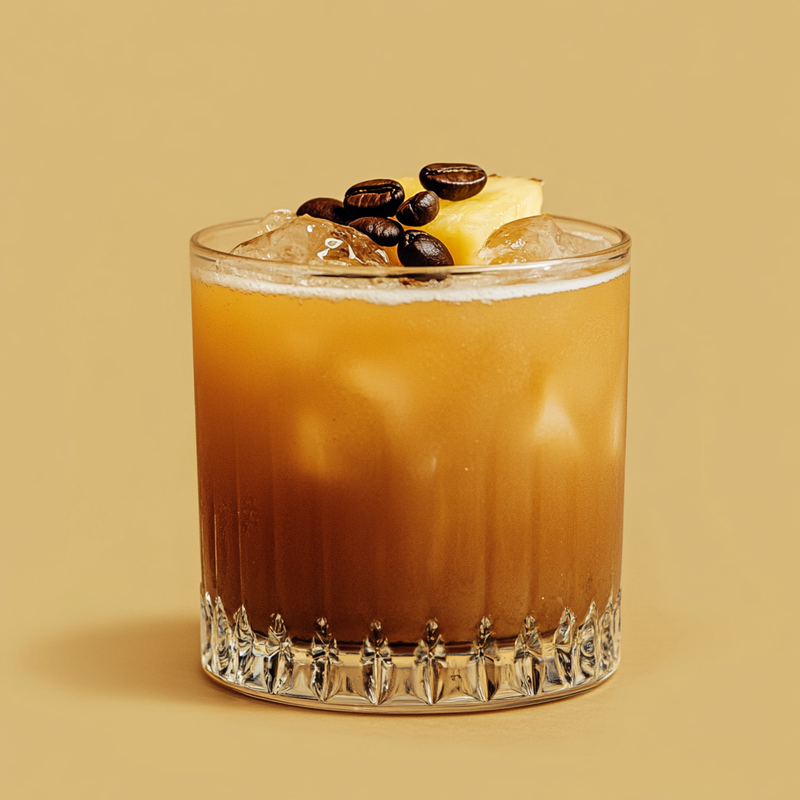 A photo of the Pineapple Wake-Up Call cocktail containing Milagro Reposado Tequila, Mr Black Cold Brew Coffee Liqueur, Fresh pressed pineapple juice in a Old-Fashioned.