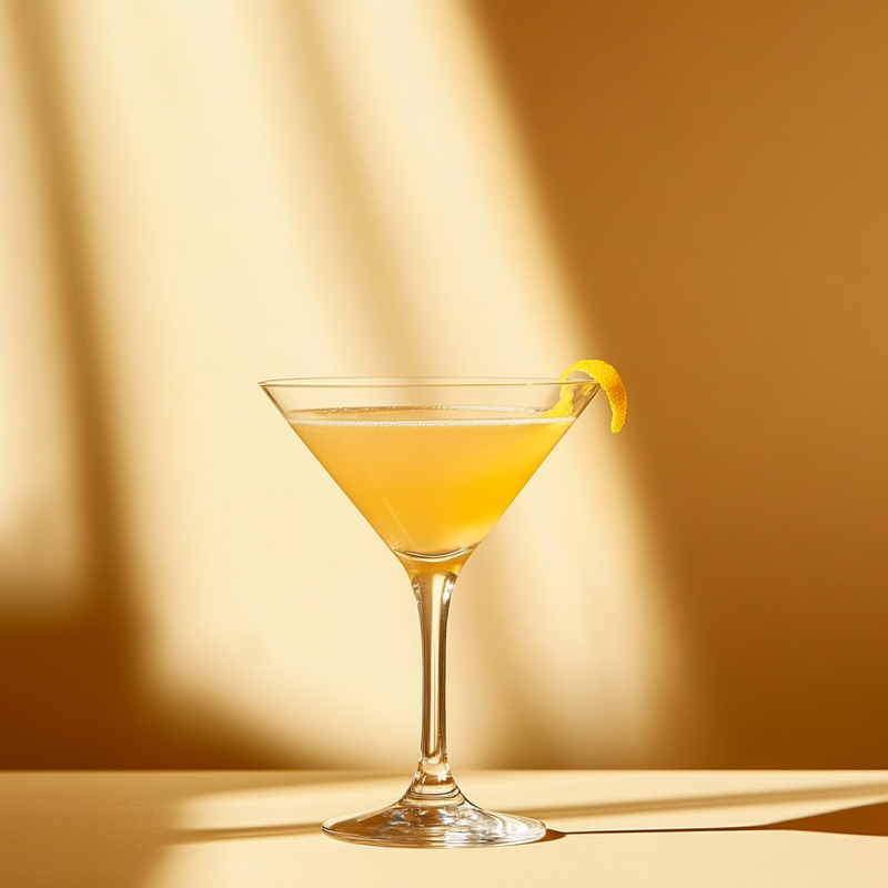 A photo of the Sunny Meadow Martini cocktail containing Runny honey, Zubrowka Bison Grass Vodka, Cold camomile tea, Roots Rakomelo Sweet Liqueur in a Martini.