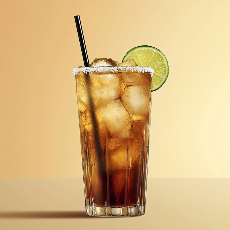 A photo of the Batanga cocktail containing Milagro Reposado Tequila, Freshly squeezed lime juice, Coca-Cola in a Collins.