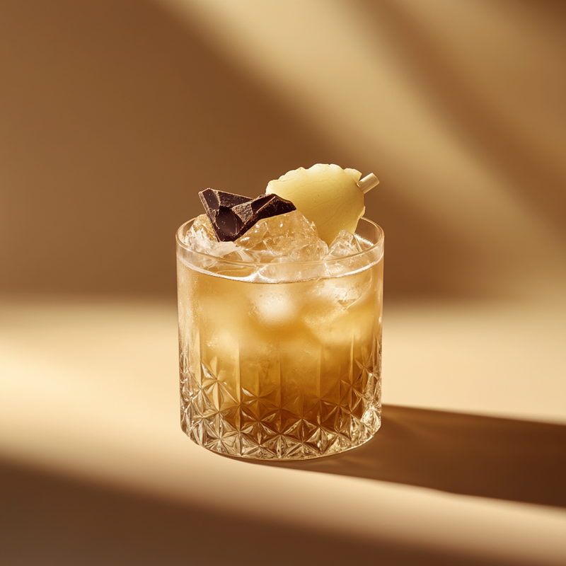 A photo of the Cocoa Cognac Twist cocktail containing Luxardo Maraschino Liqueur, Hennessy V.S. Cognac, Marie Brizard Crème de Cacao White, Barrow's Intense Ginger Liqueur in a Old-Fashioned.