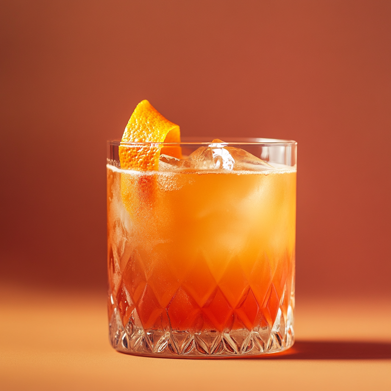 A photo of the Orange Blossom cocktail containing Beefeater London Dry Gin, Giffard Triple Sec, Freshly squeezed orange juice, Freshly squeezed lime juice, Liber & Co. Real Grenadine in a Old-Fashioned.