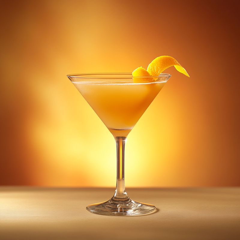A photo of the Golden Glow Martini cocktail containing Hennessy V.S. Cognac, Grand Marnier, Freshly squeezed orange juice, Freshly squeezed lemon juice, Chilled water (reduce if wet ice) in a Martini.
