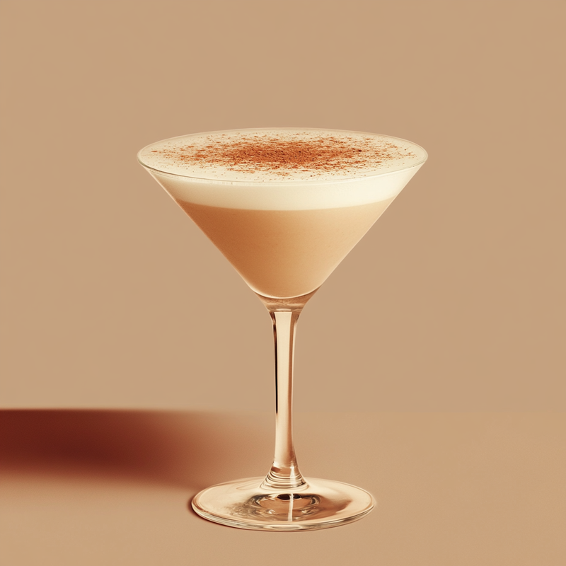 A photo of the Cocoa Conquistador cocktail containing Milagro Reposado Tequila, Marie Brizard Crème de Cacao White, Liber & Co. Real Grenadine, Single cream / half-and-half, Milk in a Martini.