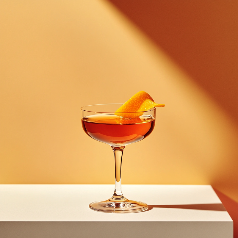 A photo of the Highland Negroni cocktail containing Compass Box Great King Street Artist's Blend Scotch, Martini & Rossi Rosso Sweet Vermouth, Angostura Orange Bitters in a Coupe.