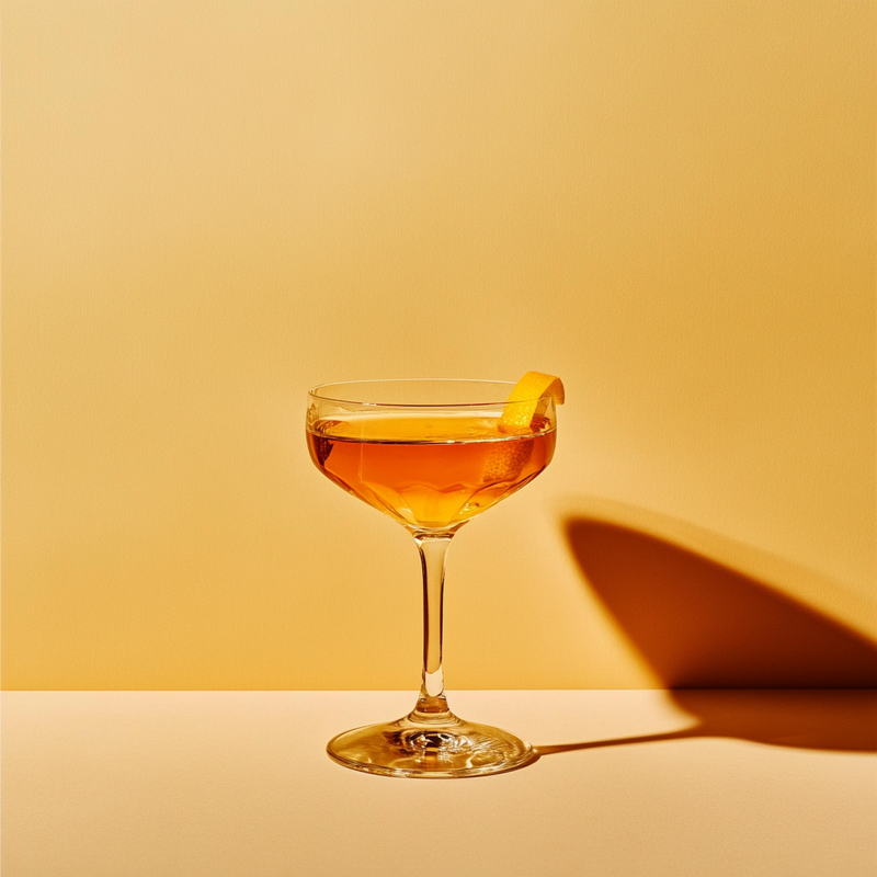 A photo of the Apricot Bracer cocktail containing Hennessy V.S. Cognac, Giffard Abricot Du Roussillon, Fernet-Branca Amaro Liqueur, Maple shrub (1:1.2 cider vinegar to maple syrup) in a Coupe.