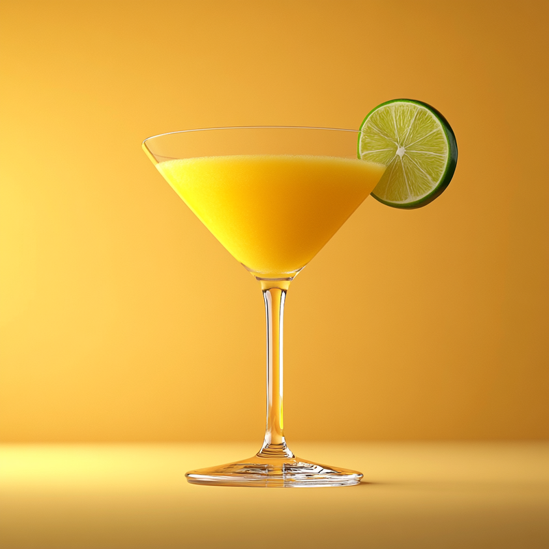 A photo of the Mango Daiquiri Delight cocktail containing Planteray 3 Stars White Rum, Mango purée, Freshly squeezed lime juice in a Martini.
