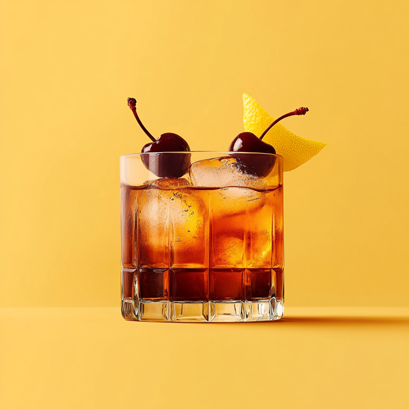 A photo of the Cognac Cherry Bliss cocktail containing Hennessy V.S. Cognac, Luxardo Amaretto di Saschira Liqueur, Maraschino syrup (from cherry jar), Freshly squeezed lemon juice, Angostura Aromatic Bitters in a Old-Fashioned.