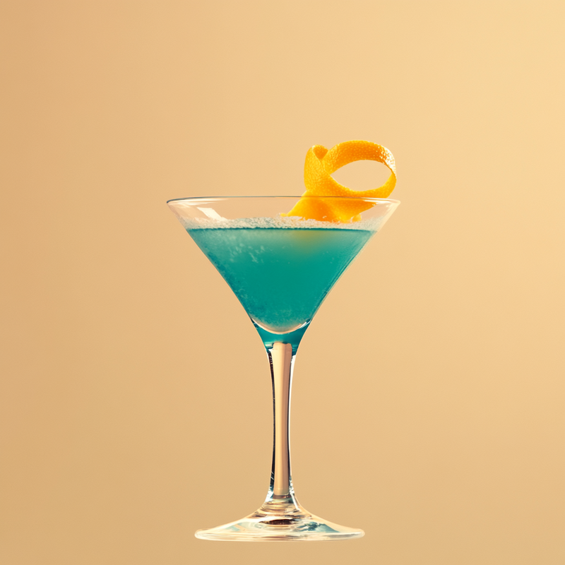 A photo of the Blue Peach Fizz cocktail containing Beefeater London Dry Gin, Rothman & Winter Orchard Peach Liqueur, Giffard Blue Curaçao, Freshly squeezed lemon juice, Chilled water (reduce if wet ice) in a Martini.