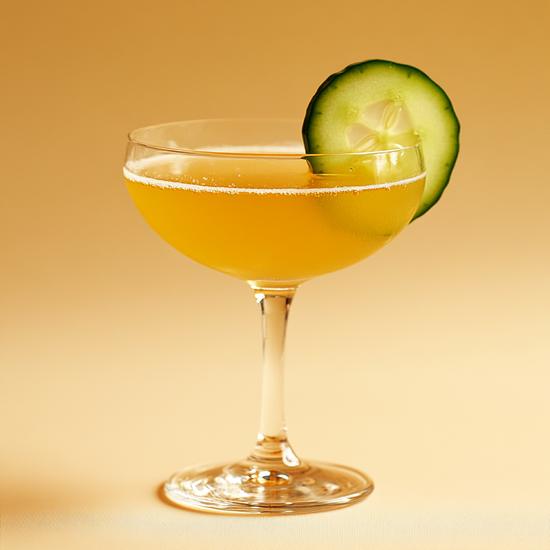 A photo of the Cucumber Boulevardier cocktail containing English cucumber peeled, Willett Family Estate Bottled 4 Year Rye, Noilly Prat Dry Vermouth, Amaro Montenegro Italian Liqueur in a Coupe.