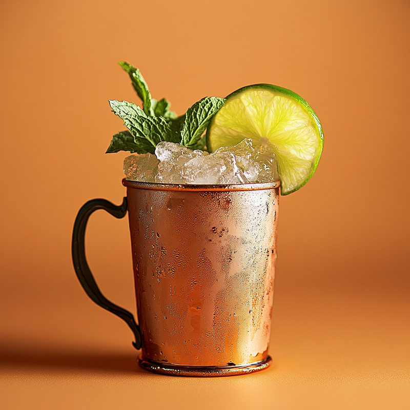 A photo of the Moscow Mule cocktail containing Ketel One Vodka, Freshly squeezed lime juice, Three Cents Ginger Beer in a Copper Mug or Collins.