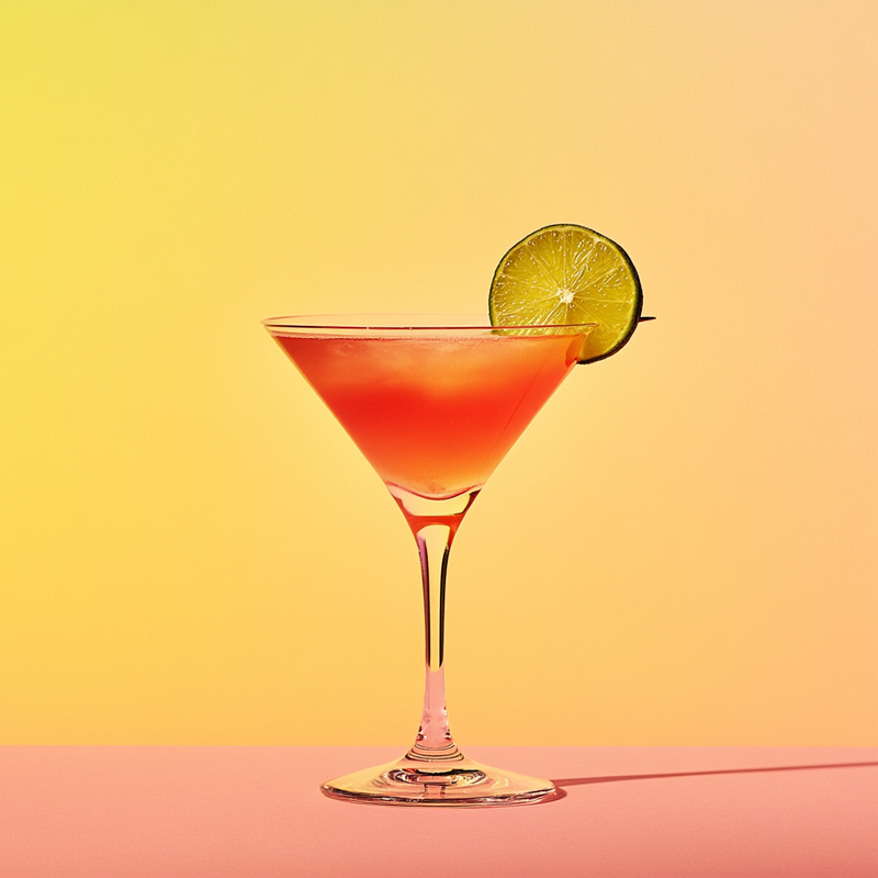 A photo of the Sunset Siesta cocktail containing Milagro Reposado Tequila, Freshly squeezed lime juice, Liber & Co. Real Grenadine, Orange flower water in a Martini (Large 10 oz).