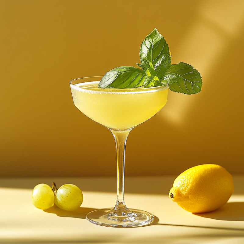 A photo of the Basil Blush Martini cocktail containing Seedless white grapes, Basil leaves, Mint leaves, Ketel One Vodka, St-Germain Elderflower Liqueur, Freshly squeezed lemon juice in a Martini.