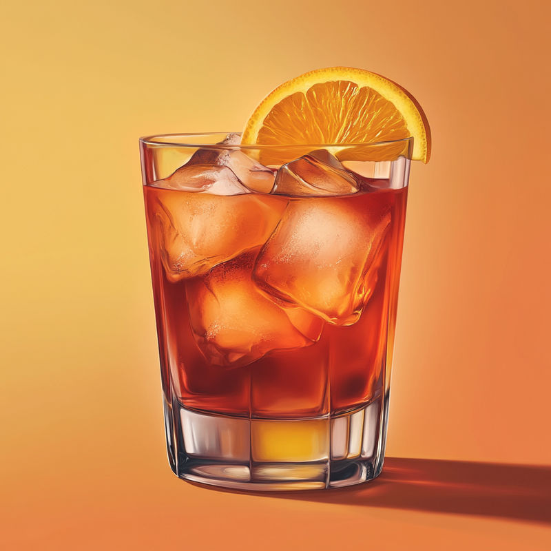 A photo of the Citrus Boulevardier cocktail containing Campari Aperitivo, Noilly Prat Dry Vermouth, Rose's lime cordial, Freshly squeezed orange juice in a Old-Fashioned.