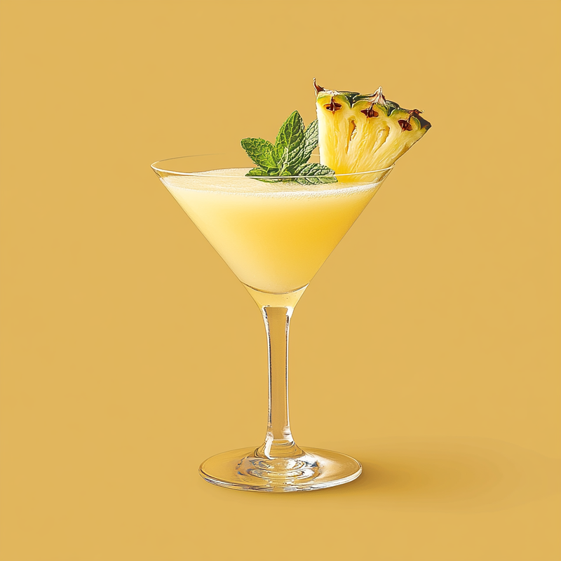 A photo of the Pineapple Mint Martini cocktail containing Mint leaves, Planteray 3 Stars White Rum, Fresh pressed pineapple juice, Maple syrup in a Martini.