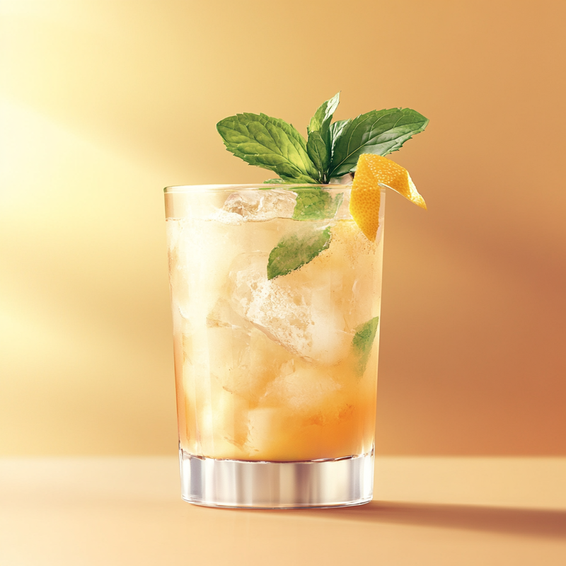 A photo of the Minted Fleur Twist cocktail containing Mint leaves, Grand Marnier, St-Germain Elderflower Liqueur, Freshly squeezed lemon juice in a Collins.