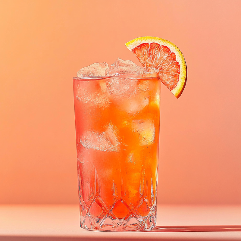 A photo of the Ruby Rattler cocktail containing Freshly squeezed ruby grapefruit juice, Aperol Aperitivo, Milagro Reposado Tequila in a Collins.