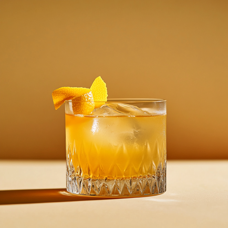 A photo of the Maple Ginger Smash cocktail containing Fresh root ginger (thumbnail sized), Savage & Cooke Cask Finished Bourbon, Freshly squeezed orange juice, Freshly squeezed lemon juice, Maple syrup in a Old-Fashioned.