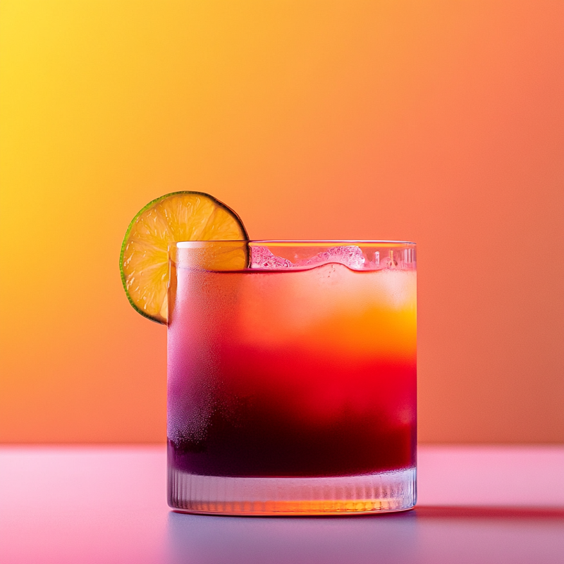 A photo of the Tequila Sunrise cocktail containing Liber & Co. Real Grenadine, LEJAY LAGOUTE Crème de Cassis, Milagro Reposado Tequila, Pierre Ferrand Dry Curaçao, Freshly squeezed lime juice, Freshly squeezed orange juice in a Collins.