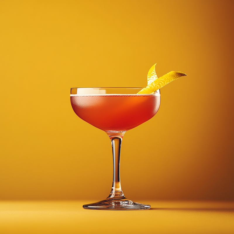 A photo of the Soixante-Quinze cocktail containing Beefeater London Dry Gin, Laird's Straight Apple Brandy 100 Proof Bottled In Bond, Liber & Co. Real Grenadine, Freshly squeezed lemon juice, Chilled water in a Nick & Nora.