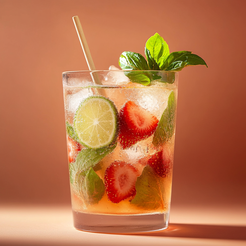 A photo of the Strawberry Basil Caipirinha cocktail containing Fresh lime (chopped wedges), Caster sugar, Small ripe strawberries (hulled), Basil leaves, Novo Fogo Chameleon Cachaça in a Highball.
