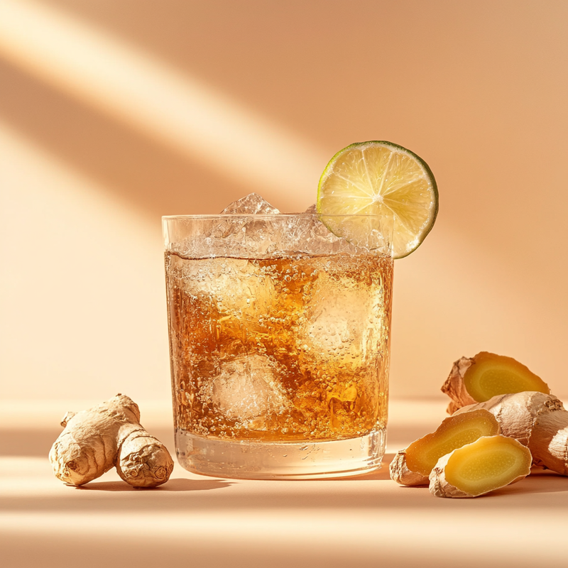 A photo of the Sicilian Ginger Spritz cocktail containing Amaro Averna, Barrow's Intense Ginger Liqueur, Freshly squeezed lime juice, Club soda in a Highball.