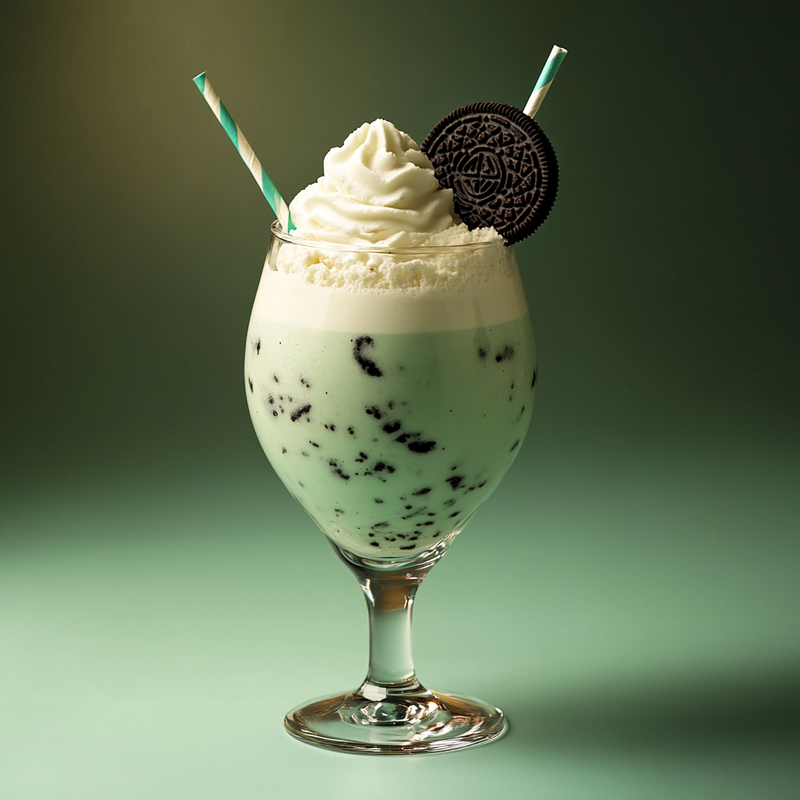 A photo of the Minty Oreo Storm cocktail containing Bailey's Irish Cream, Tempus Fugit Crème De Menthe, Single cream / half-and-half, Milk, Vanilla ice-cream, Oreo cookies in a Hurricane.