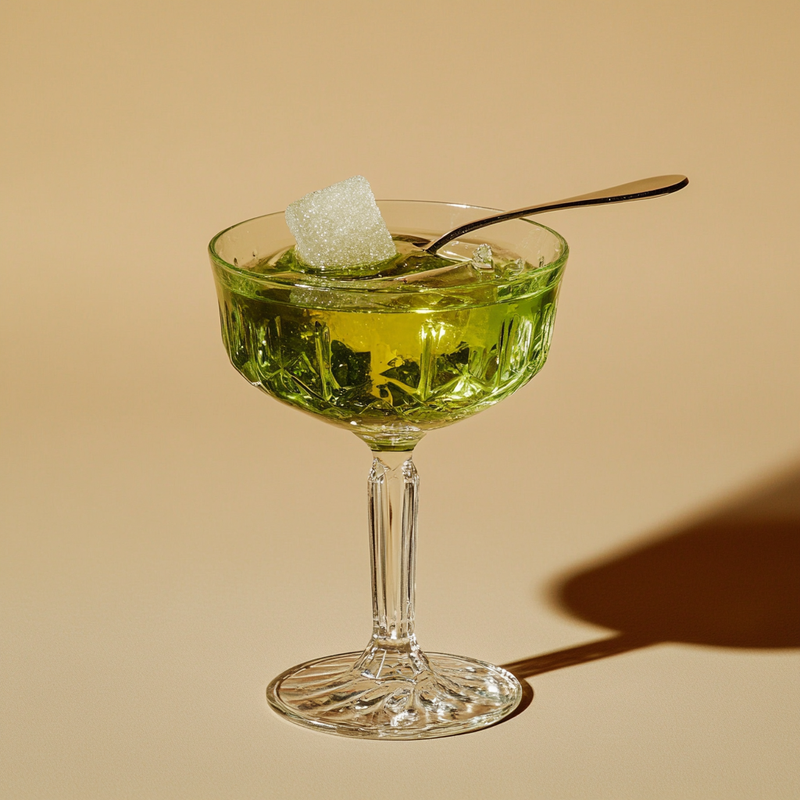A photo of the Green Fairy Flame cocktail containing Pernod Absinthe, Chilled water, Caster sugar in a Absinthe or Old-Fashioned.