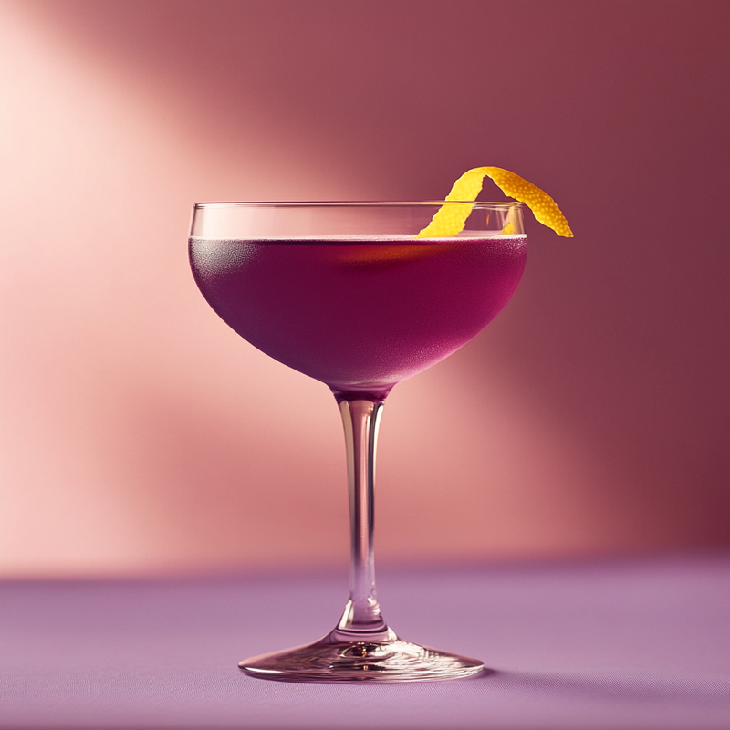 A photo of the Violet Martini cocktail containing Giffard Crème de Violette Liqueur, Noilly Prat Dry Vermouth, Martini & Rossi Rosso Sweet Vermouth in a Coupe.