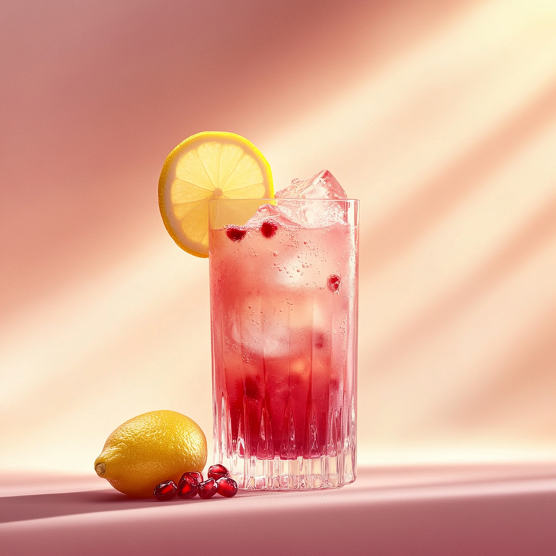 A photo of the Zesty Prosecco Bliss cocktail containing Pallini Limoncello, Freshly squeezed lemon juice, Elderflower cordial, Pomegranate juice, La Marca Prosecco in a Collins.