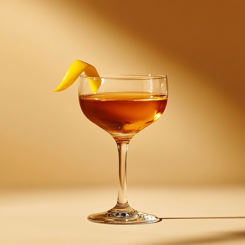 A photo of the Velvet Monarch cocktail containing Hennessy V.S. Cognac, Dubonnet Rouge, Drambuie Liqueur, Angostura Aromatic Bitters, Peychaud's Bitters in a Coupe.