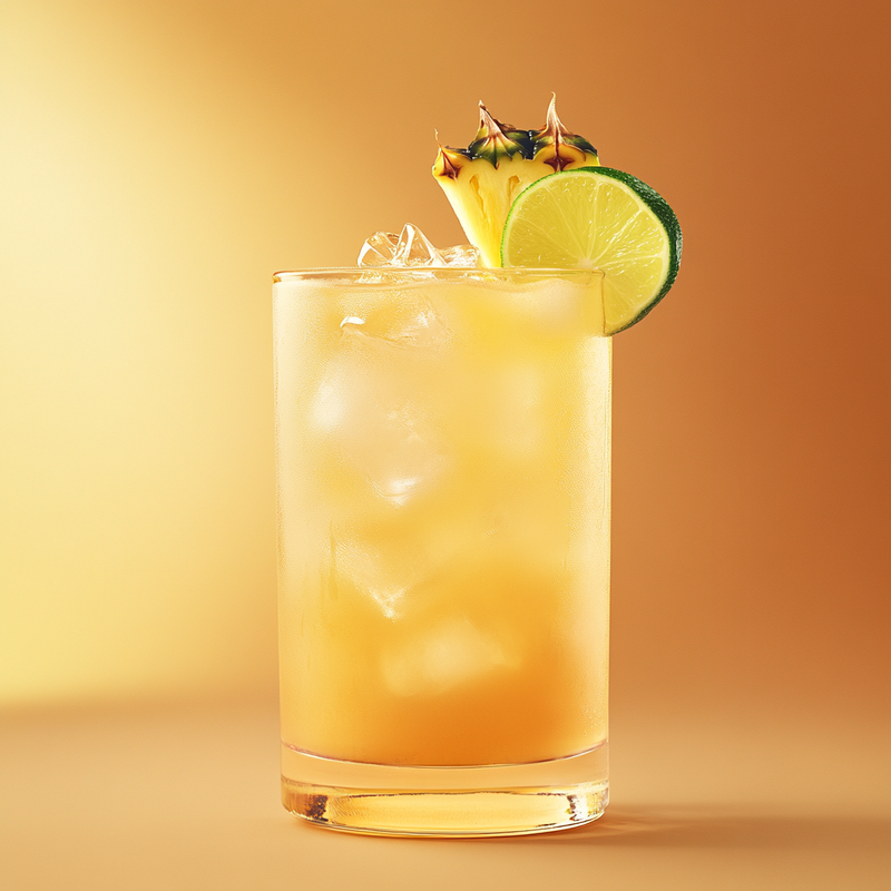 A photo of the Rum Jungle Splash cocktail containing Hamilton Navy Strength 114 Proof Rum, Ketel One Vodka, Giffard Banane du Brésil Liqueur, Freshly squeezed lime juice, Fresh pressed pineapple juice, Liber & Co. Real Grenadine in a Collins.