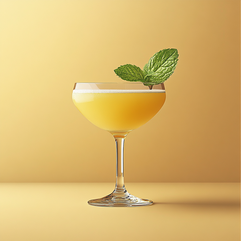 A photo of the Minty Rumba cocktail containing Mint leaves, Runny honey, Planteray 3 Stars White Rum, Freshly squeezed lime juice, Pressed apple juice in a Coupe.
