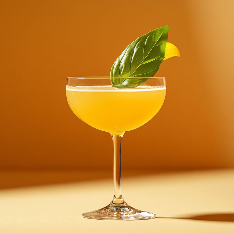 A photo of the Basil Breeze Fizz cocktail containing Freshly squeezed lime juice, Runny honey, Novo Fogo Chameleon Cachaça, Pallini Limoncello, Aperol Aperitivo, Basil leaves, Fee Brothers Fee Foam Egg White Alternative in a Coupe.