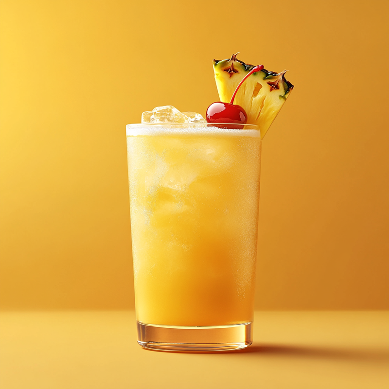 A photo of the Tropical Thunderbolt cocktail containing Wray & Nephew White Overproof Rum, Fresh pressed pineapple juice, Freshly squeezed orange juice, Liber & Co. Real Grenadine, Freshly squeezed lime juice in a Collins.