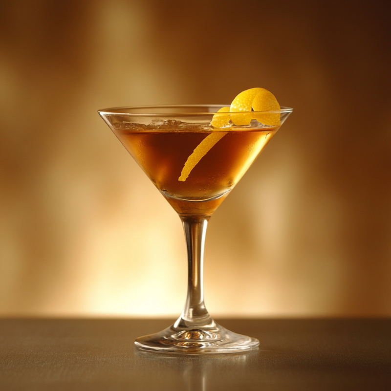 A photo of the Southern Manhattan Twist cocktail containing Savage & Cooke Cask Finished Bourbon, Southern Comfort, Martini & Rossi Rosso Sweet Vermouth, Peychaud's Bitters in a Martini.