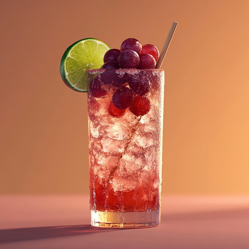 A photo of the Grape Escape Caipirinha cocktail containing Fresh lime (chopped wedges), Caster sugar, Red grapes, Novo Fogo Chameleon Cachaça in a Highball.