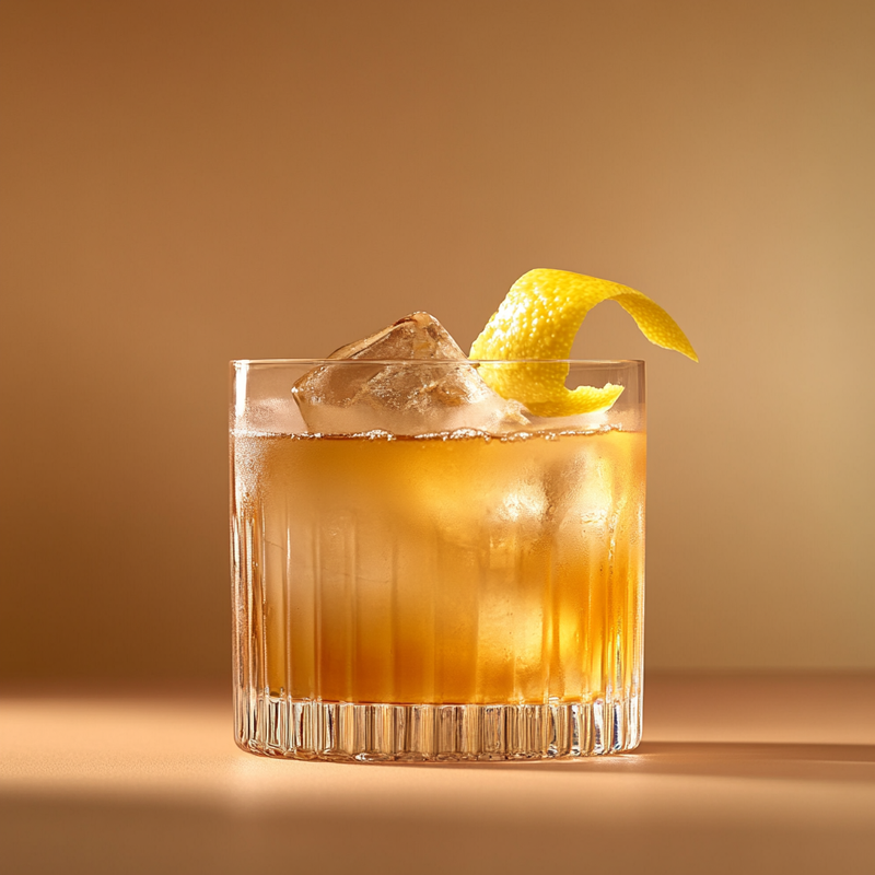 A photo of the Maple Sour Twist cocktail containing Savage & Cooke Cask Finished Bourbon, Freshly squeezed lemon juice, Maple syrup in a Old-Fashioned.