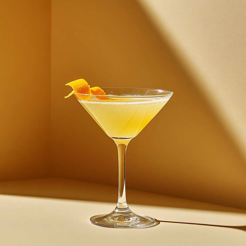 A photo of the The Puritan cocktail containing Beefeater London Dry Gin, Noilly Prat Dry Vermouth, Chartreuse Yellow, Angostura Orange Bitters, Chilled water (reduce if wet ice) in a Martini.