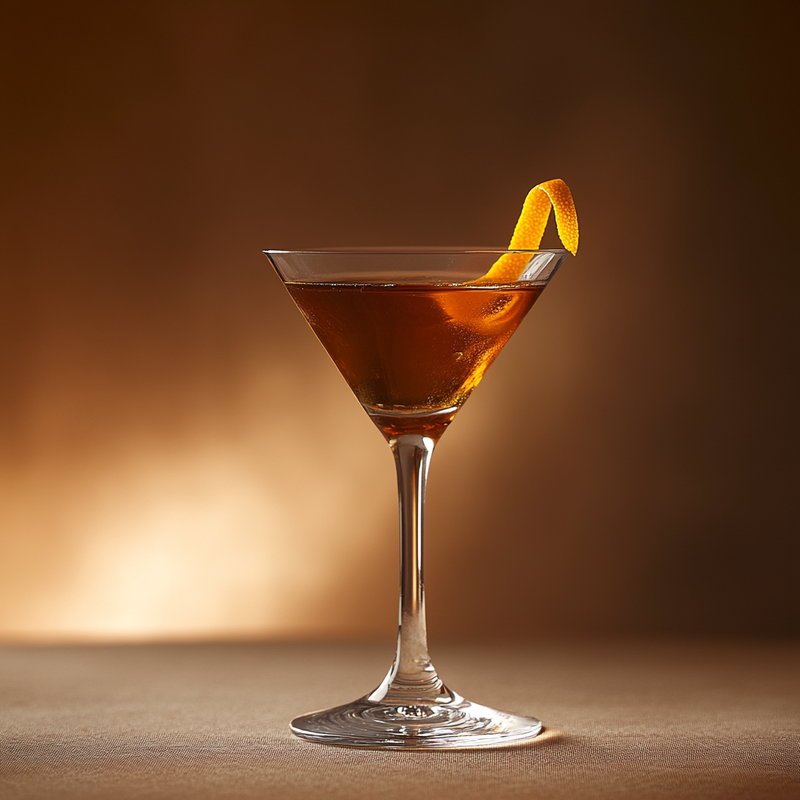 A photo of the Port of Call Martini cocktail containing Graham's 10 Year Old Aged Tawny Port, Pierre Ferrand Dry Curaçao, Angostura Orange Bitters, Angostura Aromatic Bitters in a Martini.