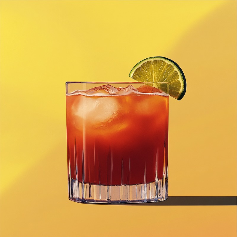 A photo of the Vampiro cocktail containing Milagro Reposado Tequila, Tomato juice, Freshly squeezed orange juice, Freshly squeezed lime juice, Liber & Co. Real Grenadine, Hot pepper sauce, Salt, Black pepper in a Old-Fashioned.